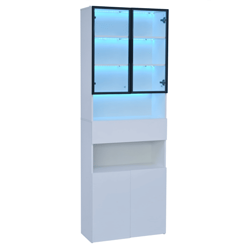 Vitrine 70x30x200 cm - Vitrine com LED, gavetas e prateleiras abertas - Branco