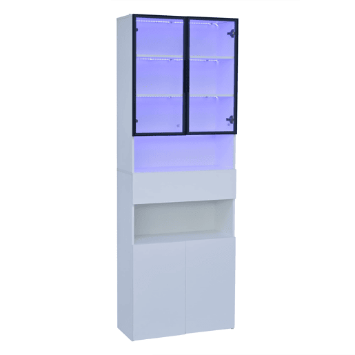 Vitrine 70x30x200 cm - Vitrine com LED, gavetas e prateleiras abertas - Branco