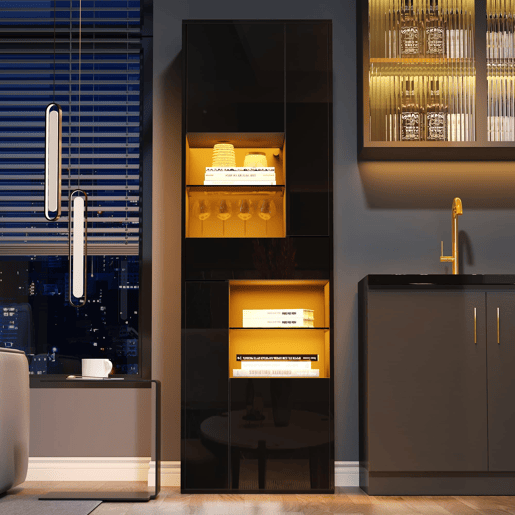 Vitrine + 55x38x170 cm - 1 gaveta, 4 portas, LED, alto brilho - Preto