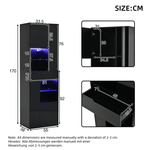 Vitrine + 55x38x170 cm - 1 gaveta, 4 portas, LED, alto brilho - Preto