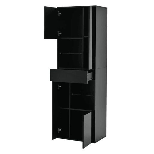 Vitrine + 55x38x170 cm - 1 gaveta, 4 portas, LED, alto brilho - Preto