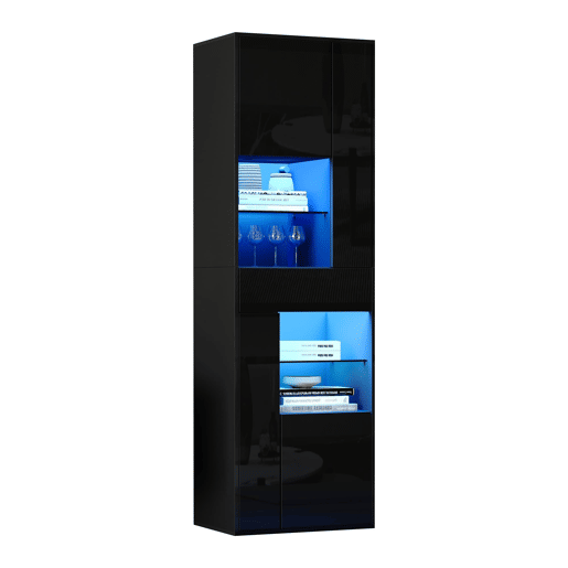 Vitrine + 55x38x170 cm - 1 gaveta, 4 portas, LED, alto brilho - Preto