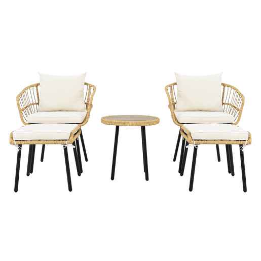 Conjunto de jardim de 5 peças - Conjunto de sala de jantar com 1 mesa, 2 cadeiras, 2 bancos - Rattan - Branco+Natural