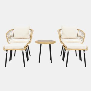 Conjunto de jardim de 5 peças - Conjunto de sala de jantar com 1 mesa, 2 cadeiras, 2 bancos - Rattan - Branco+Natural