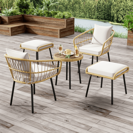 Conjunto de jardim de 5 peças - Conjunto de sala de jantar com 1 mesa, 2 cadeiras, 2 bancos - Rattan - Branco+Natural
