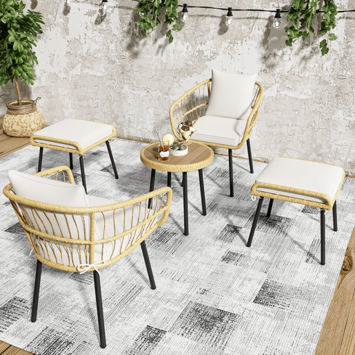 Conjunto de jardim de 5 peças - Conjunto de sala de jantar com 1 mesa, 2 cadeiras, 2 bancos - Rattan - Branco+Natural