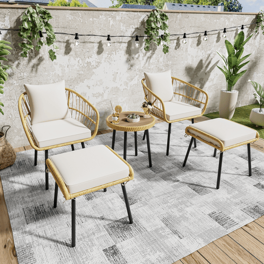 Conjunto de jardim de 5 peças - Conjunto de sala de jantar com 1 mesa, 2 cadeiras, 2 bancos - Rattan - Branco+Natural