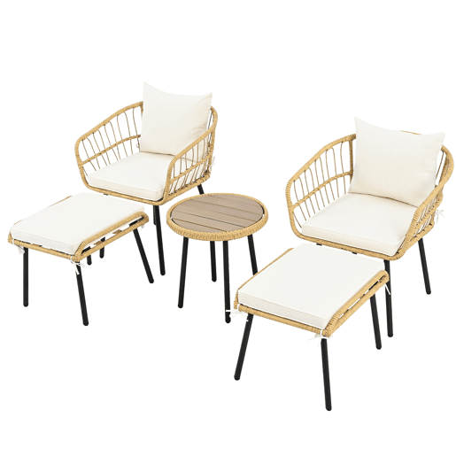 Conjunto de jardim de 5 peças - Conjunto de sala de jantar com 1 mesa, 2 cadeiras, 2 bancos - Rattan - Branco+Natural