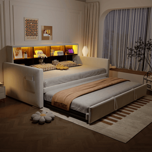 Sofá-cama 90x190 cm - Cabeceira com arrumação, LED, tomada de carregamento, com cama extraível - Bege