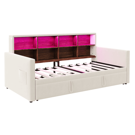 Sofá-cama 90x190 cm - Cabeceira com arrumação, LED, tomada de carregamento, com cama extraível - Bege