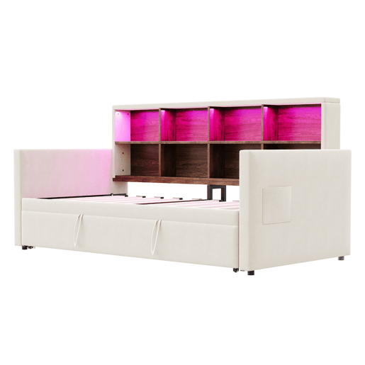 Sofá-cama 90x190 cm - Cabeceira com arrumação, LED, tomada de carregamento, com cama extraível - Bege
