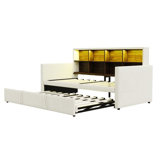 Sofá-cama 90x190 cm - Cabeceira com arrumação, LED, tomada de carregamento, com cama extraível - Bege