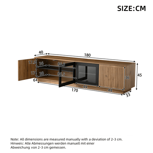 Móvel de TV 180x40x45 cm - Lowboard com LED, 2 armários, até 75 - Natural