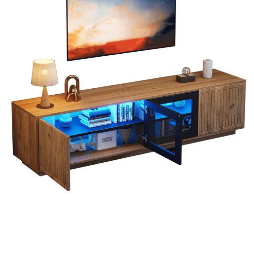 Móvel de TV 180x40x45 cm - Lowboard com LED, 2 armários, até 75 - Natural
