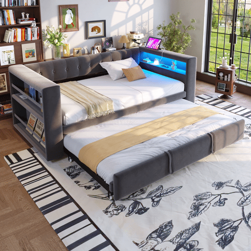 Cama multifuncional 90x190 cm - Com iluminação LED, tomadas e grande espaço de armazenamento - Cinza escuro