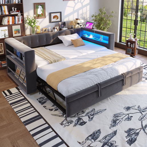 Cama multifuncional 90x190 cm - Com iluminação LED, tomadas e grande espaço de armazenamento - Cinza escuro