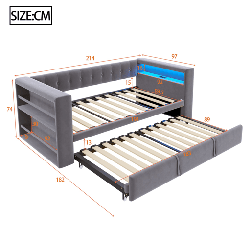 Cama multifuncional 90x190 cm - Com iluminação LED, tomadas e grande espaço de armazenamento - Cinza escuro