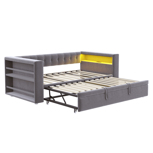 Cama multifuncional 90x190 cm - Com iluminação LED, tomadas e grande espaço de armazenamento - Cinza escuro