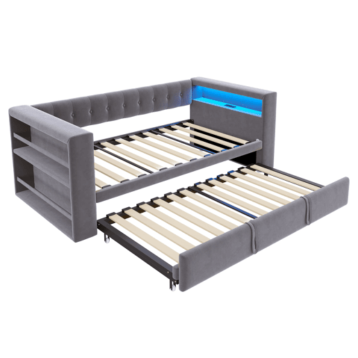 Cama multifuncional 90x190 cm - Com iluminação LED, tomadas e grande espaço de armazenamento - Cinza escuro