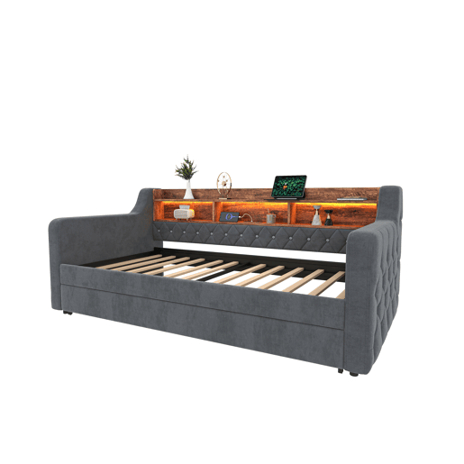 Sofá-cama 90x190 cm - Com arrumação, LED, USB-C, 12 lâminas, estrutura metálica e de madeira - Cinza