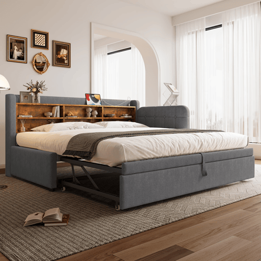Sofá-cama 90x200 cm - Design multifuncional, USB + Tipo C, várias superfícies de armazenamento - Cinza