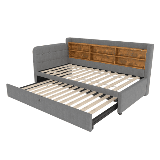 Sofá-cama 90x200 cm - Design multifuncional, USB + Tipo C, várias superfícies de armazenamento - Cinza