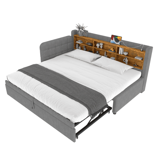 Sofá-cama 90x200 cm - Design multifuncional, USB + Tipo C, várias superfícies de armazenamento - Cinza