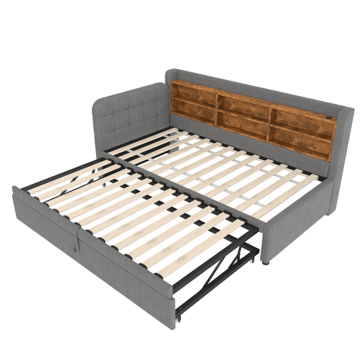 Sofá-cama 90x200 cm - Design multifuncional, USB + Tipo C, várias superfícies de armazenamento - Cinza