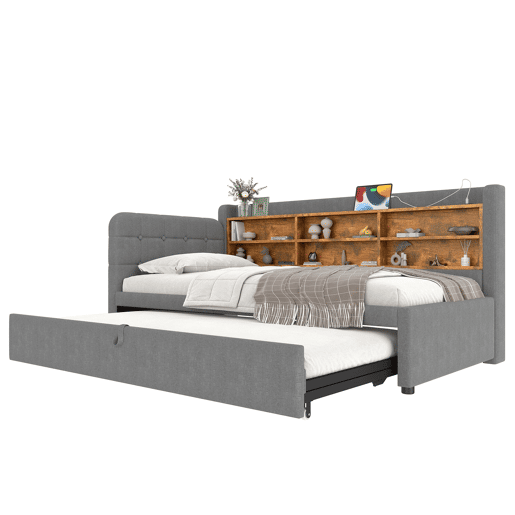 Sofá-cama 90x200 cm - Design multifuncional, USB + Tipo C, várias superfícies de armazenamento - Cinza