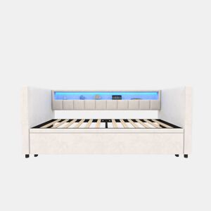 Sofá-cama multifuncional 90x190 cm - Cama extensível, USB-Type-C, LED ambiente, veludo, com arrumação - Bege