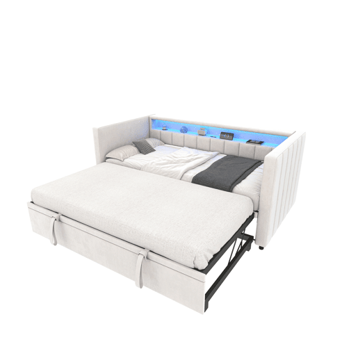 Sofá-cama multifuncional 90x190 cm - Cama extensível, USB-Type-C, LED ambiente, veludo, com arrumação - Bege
