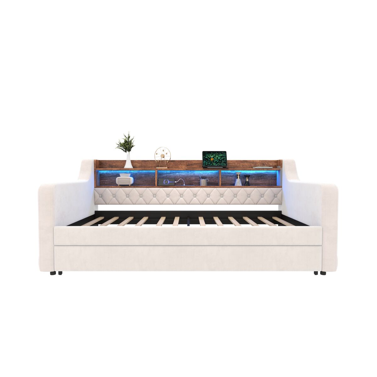 sofa cama 90x190 cm - con almacenamiento led usb-c 12 listones estructura metal-madera - beige