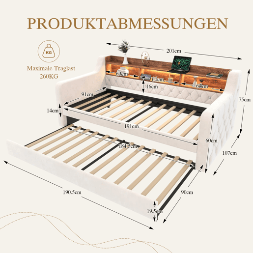 Sofá-cama 90x190 cm - Com arrumação, LED, USB-C, 12 ripas, estrutura em metal e madeira - Bege