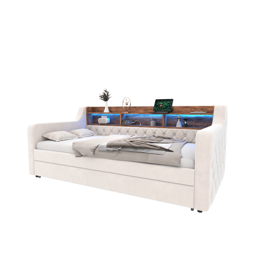 Sofá-cama 90x190 cm - Com arrumação, LED, USB-C, 12 ripas, estrutura em metal e madeira - Bege