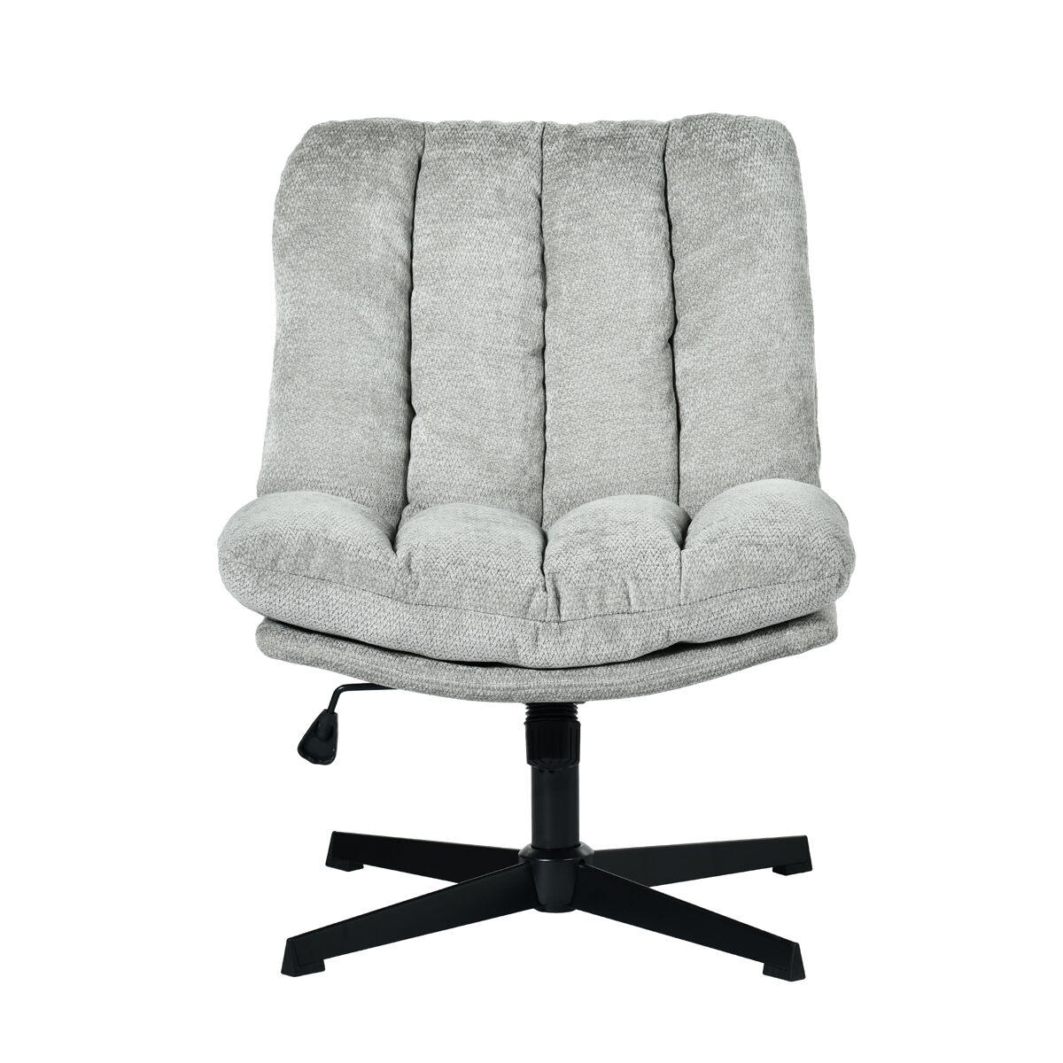 Silla oficina giratoria reclinable tapizada en tela gris claro con asiento grueso y respaldo acolchado, altura regulable, giro 360 grados y diseño sin