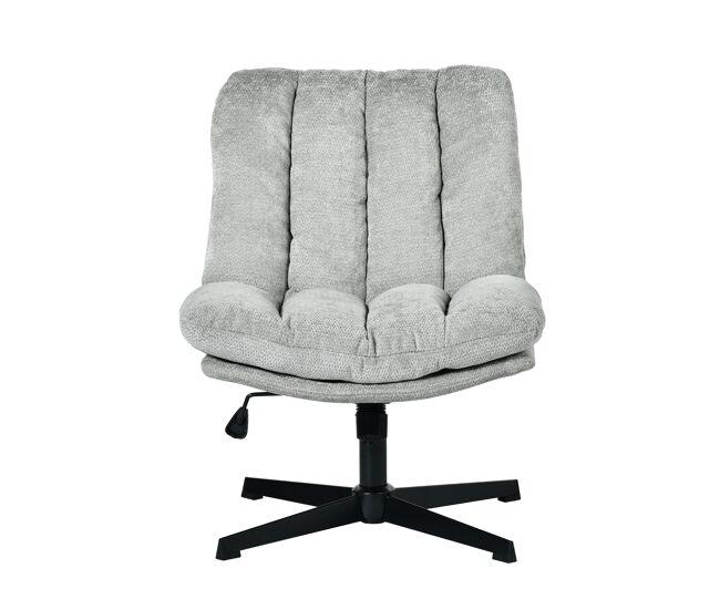 Silla oficina giratoria reclinable tapizada en tela gris claro con asiento grueso y respaldo acolchado, altura regulable, giro 360 grados y diseño sin