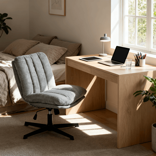 Cadeira Escritório Giratória Reclinável Em Tecido Cinza Claro Com Assento Espesso E Encosto Acolchoado, Altura Regulável, Rotação 360 Graus E Design Sem Braços, Ideal Para Escritório, Estudo Ou Home Office