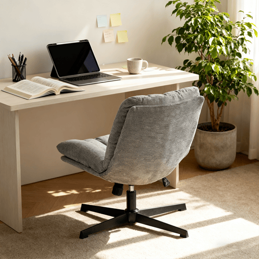Cadeira Escritório Giratória Reclinável Em Tecido Cinza Claro Com Assento Espesso E Encosto Acolchoado, Altura Regulável, Rotação 360 Graus E Design Sem Braços, Ideal Para Escritório, Estudo Ou Home Office