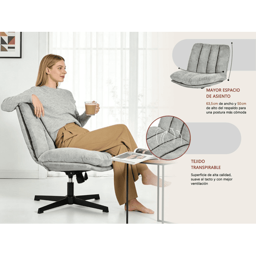 Cadeira Escritório Giratória Reclinável Em Tecido Cinza Claro Com Assento Espesso E Encosto Acolchoado, Altura Regulável, Rotação 360 Graus E Design Sem Braços, Ideal Para Escritório, Estudo Ou Home Office