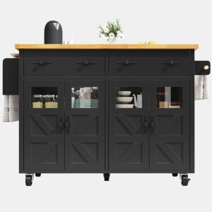 Ilha de cozinha móvel - grande capacidade de armazenamento, prateleiras ajustáveis e rodas com travão, móvel buffet multifuncional - preto