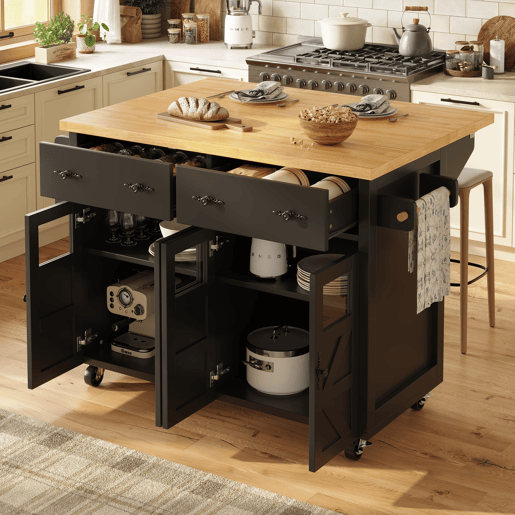 Ilha de cozinha móvel - grande capacidade de armazenamento, prateleiras ajustáveis e rodas com travão, móvel buffet multifuncional - preto