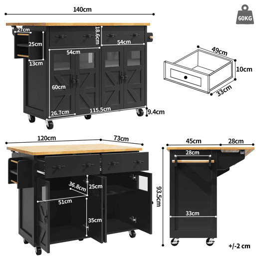 Ilha de cozinha móvel - grande capacidade de armazenamento, prateleiras ajustáveis e rodas com travão, móvel buffet multifuncional - preto