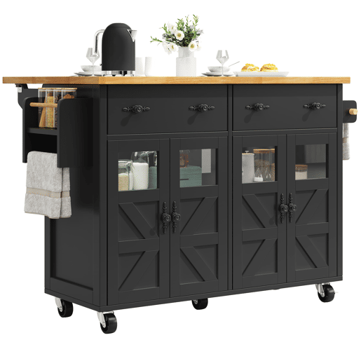 Ilha de cozinha móvel - grande capacidade de armazenamento, prateleiras ajustáveis e rodas com travão, móvel buffet multifuncional - preto