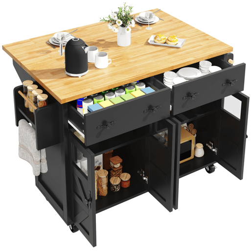 Ilha de cozinha móvel - grande capacidade de armazenamento, prateleiras ajustáveis e rodas com travão, móvel buffet multifuncional - preto
