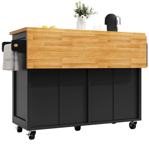 Ilha de cozinha móvel - grande capacidade de armazenamento, prateleiras ajustáveis e rodas com travão, móvel buffet multifuncional - preto
