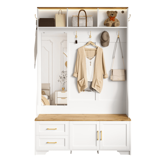 Móvel de entrada 120 L x 40 P x 187 A cm - Com espelho, LED, cabides, gavetas, branco, madeira