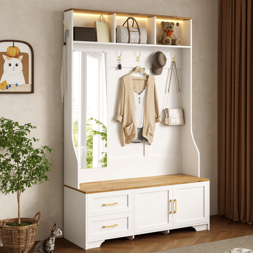 Móvel de entrada 120 L x 40 P x 187 A cm - Com espelho, LED, cabides, gavetas, branco, madeira