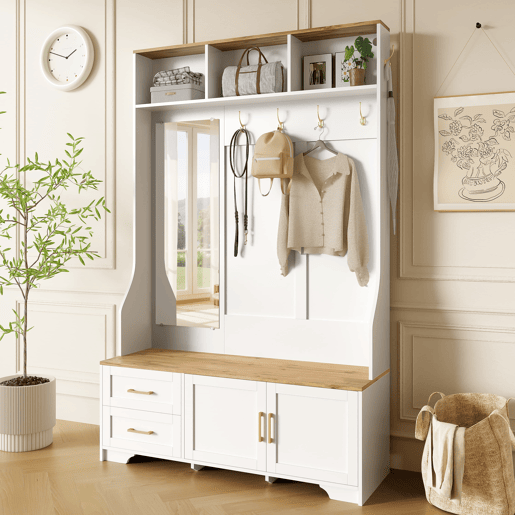 Móvel de entrada 120 L x 40 P x 187 A cm - Com espelho, LED, cabides, gavetas, branco, madeira