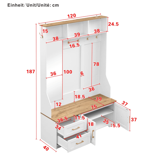 Móvel de entrada 120 L x 40 P x 187 A cm - Com espelho, LED, cabides, gavetas, branco, madeira