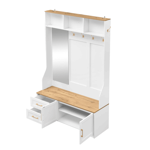 Móvel de entrada 120 L x 40 P x 187 A cm - Com espelho, LED, cabides, gavetas, branco, madeira
